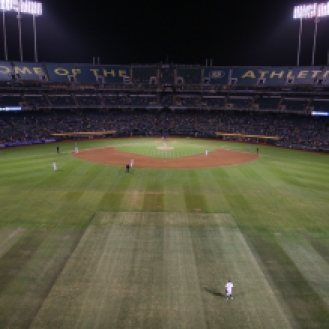 A view of the tattered turf at the Oakland Coliseum from above center field on Tuesday, September 22, 2015, during a baseball game between the Oakland Athletics and the Texas Rangers.