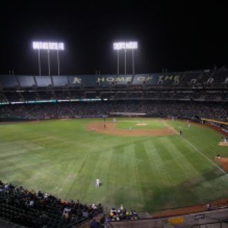 A view of the tattered turf at the Oakland Coliseum from left field on Tuesday, September 22, 2015, during a baseball game between the Oakland Athletics and the Texas Rangers.