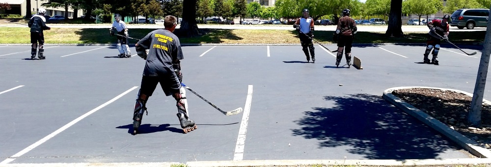 A group of workers in varied fields of tech get together on a Thursday in July to play Street Hockey. 