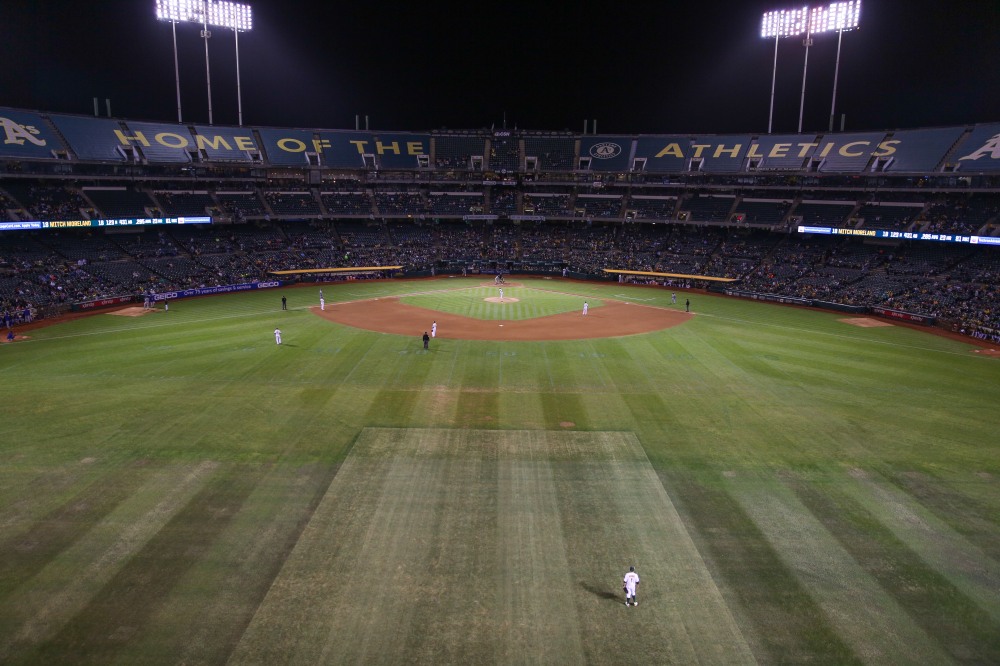 A view of the tattered turf at the Oakland Coliseum on Tuesday, September 22, 2015, during a baseball game between the Oakland Athletics and the Texas Rangers. 